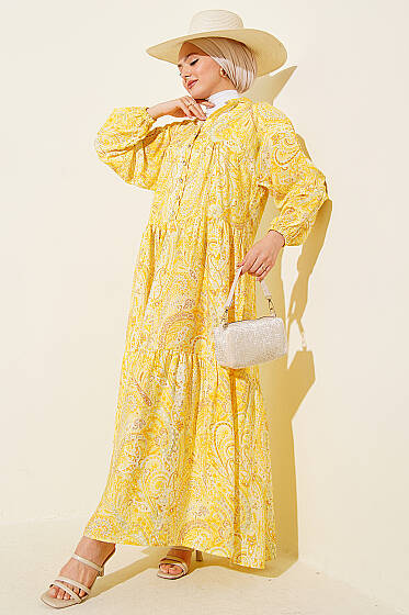 Karışık Desen Taş Düğmeli Elbise Asorti 1 - Elbise