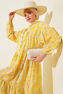 Karışık Desen Taş Düğmeli Elbise Asorti 1 - Elbise