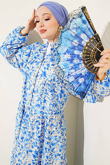 Karışık Desen Taş Düğmeli Elbise Asorti 10 - Elbise