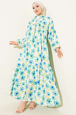 Karışık Desen Taş Düğmeli Elbise Asorti 14 - TABLO FASHİON