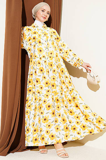 Karışık Desen Taş Düğmeli Elbise Asorti 15 - Elbise