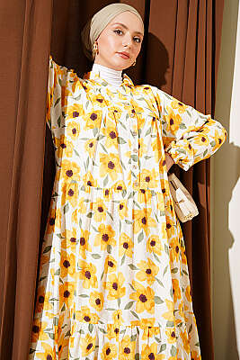 Karışık Desen Taş Düğmeli Elbise Asorti 15 - Elbise