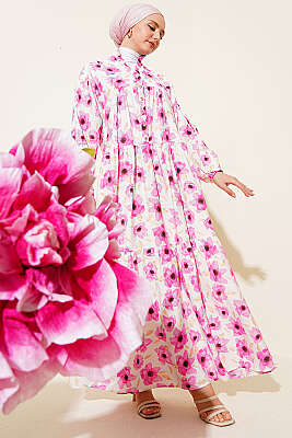 Karışık Desen Taş Düğmeli Elbise Asorti 16 - TABLO FASHİON