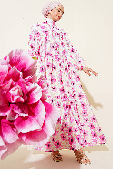 Karışık Desen Taş Düğmeli Elbise Asorti 16 - Elbise