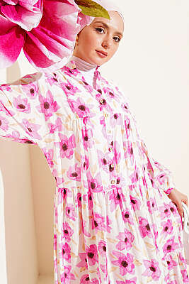 Karışık Desen Taş Düğmeli Elbise Asorti 16 - Elbise