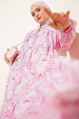 Karışık Desen Taş Düğmeli Elbise Asorti 2 - TABLO FASHİON