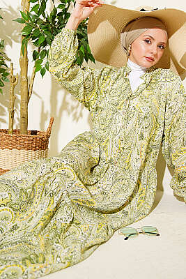 Karışık Desen Taş Düğmeli Elbise Asorti 3 - TABLO FASHİON