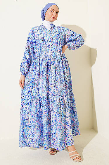 Karışık Desen Taş Düğmeli Elbise Asorti 4 - Elbise