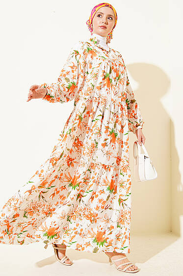 Karışık Desen Taş Düğmeli Elbise Asorti 5 - Elbise