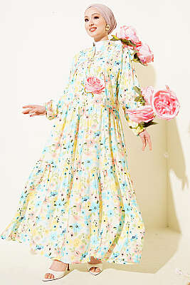 Karışık Desen Taş Düğmeli Elbise Asorti 7 - TABLO FASHİON