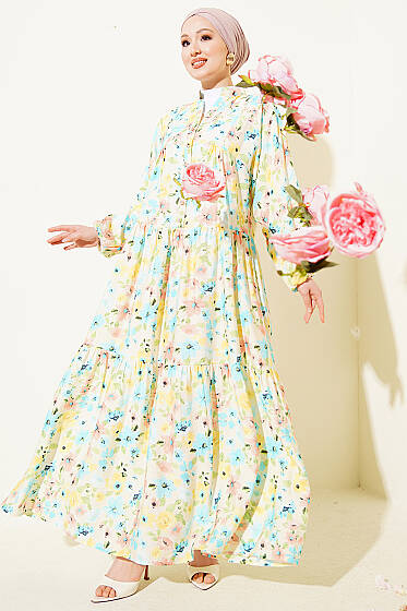 Karışık Desen Taş Düğmeli Elbise Asorti 7 - Elbise