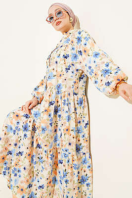 Karışık Desen Taş Düğmeli Elbise Asorti 8 - TABLO FASHİON