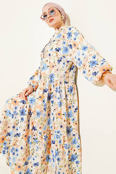 Karışık Desen Taş Düğmeli Elbise Asorti 8 - Elbise