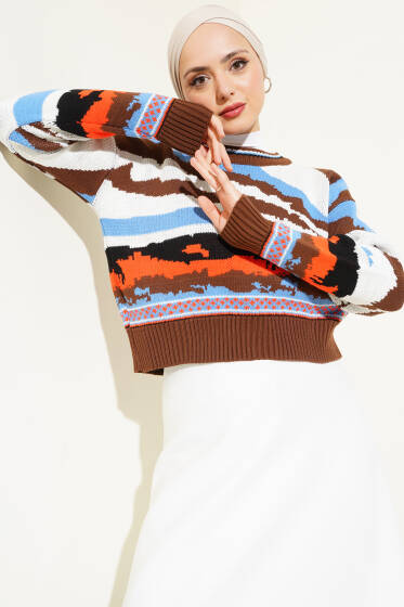 Karışık Desen Triko Kazak Kahve - Triko