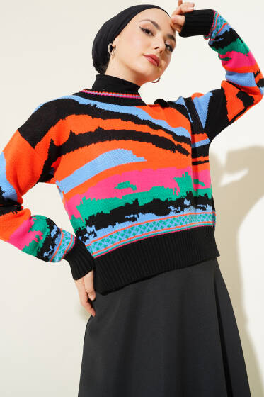 Karışık Desen Triko Kazak Siyah - Triko