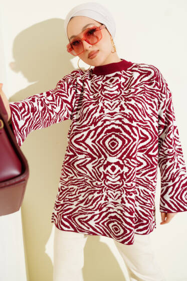Karışık Desen Triko Tunik Bordo - Tunik