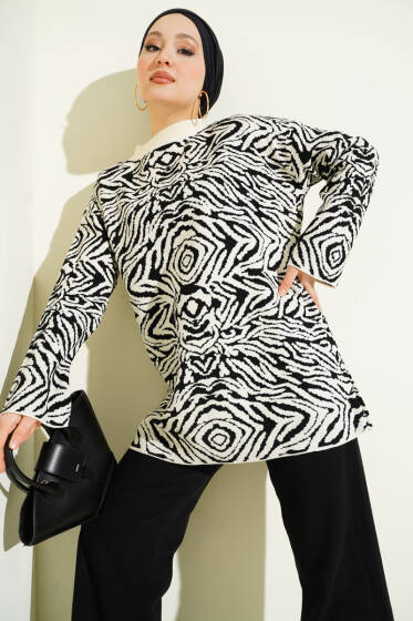 Karışık Desen Triko Tunik Ekru - Tunik