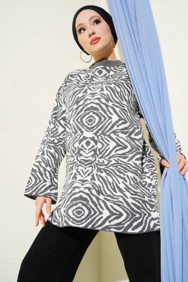 Karışık Desen Triko Tunik Füme - Tunik