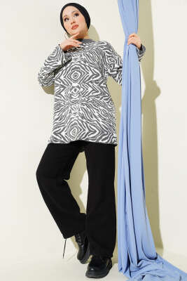 Karışık Desen Triko Tunik Füme - Tunik