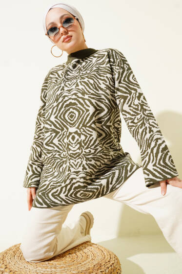 Karışık Desen Triko Tunik Haki - Tunik