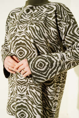 Karışık Desen Triko Tunik Haki - Tunik