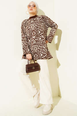 Karışık Desen Triko Tunik Kahve - Tunik