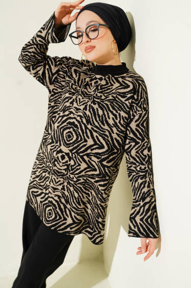 Karışık Desen Triko Tunik Siyah - Tunik