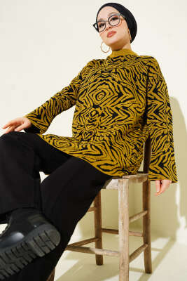 Karışık Desen Triko Tunik Yağ Yeşili - RAFİMİX