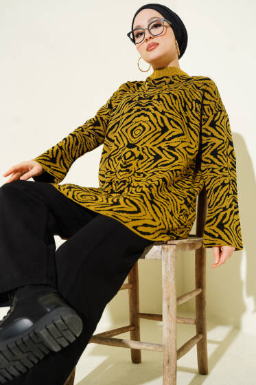 Karışık Desen Triko Tunik Yağ Yeşili - Tunik