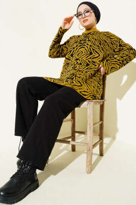 Karışık Desen Triko Tunik Yağ Yeşili - Tunik