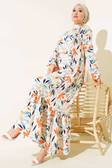 Karışık Desen Viskon Elbise Bej - Elbise