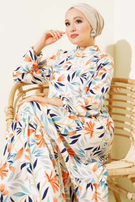 Karışık Desen Viskon Elbise Bej - Tesettür Elbise