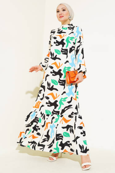 Karışık Desen Viskon Elbise Krem - Elbise
