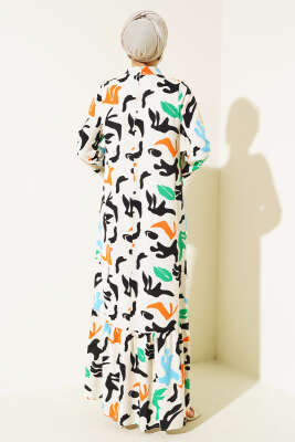 Karışık Desen Viskon Elbise Krem - Tesettür Elbise