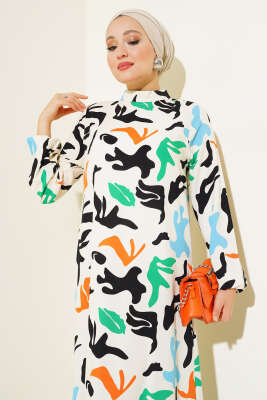 Karışık Desen Viskon Elbise Krem - Tesettür Elbise