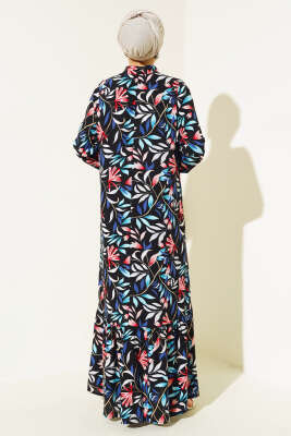 Karışık Desen Viskon Elbise Siyah Mavi - Tesettür Elbise