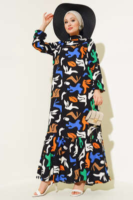 Karışık Desen Viskon Elbise Siyah - Tesettür Elbise