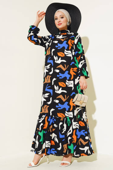 Karışık Desen Viskon Elbise Siyah - Tesettür Elbise