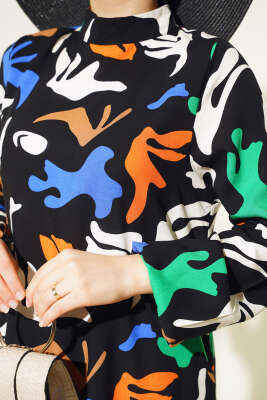 Karışık Desen Viskon Elbise Siyah - Tesettür Elbise