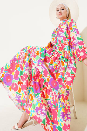 Karışık Desen Yarım Düğmeli Viskon Elbise Fuşya - Elbise