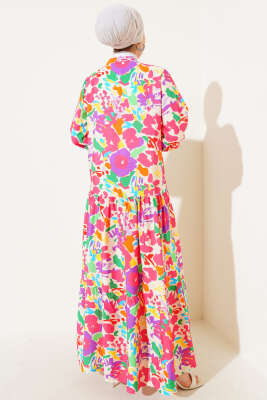 Karışık Desen Yarım Düğmeli Viskon Elbise Fuşya - Tesettür Elbise