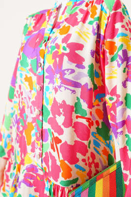 Karışık Desen Yarım Düğmeli Viskon Elbise Fuşya - Tesettür Elbise