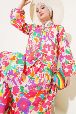 Karışık Desen Yarım Düğmeli Viskon Elbise Fuşya - Tesettür Elbise