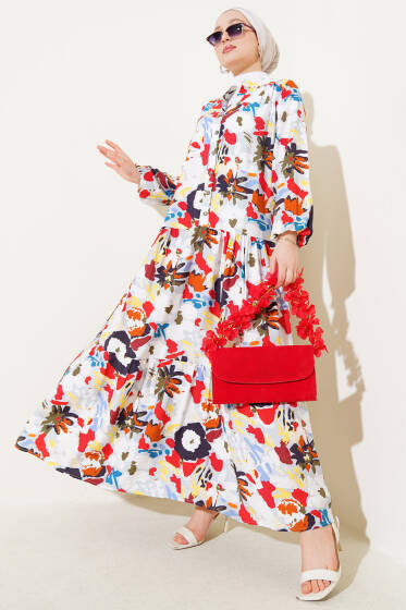 Karışık Desen Yarım Düğmeli Viskon Elbise Gri - Elbise