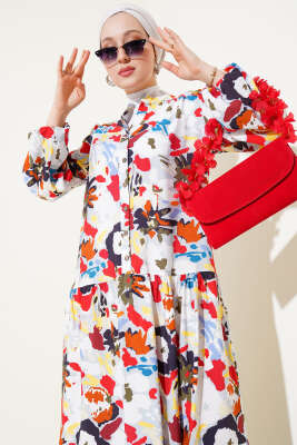 Karışık Desen Yarım Düğmeli Viskon Elbise Gri - Tesettür Elbise