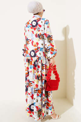 Karışık Desen Yarım Düğmeli Viskon Elbise Gri - Tesettür Elbise