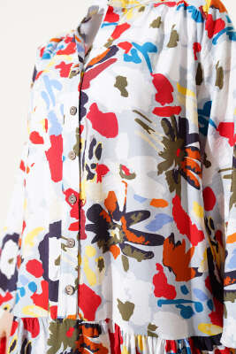 Karışık Desen Yarım Düğmeli Viskon Elbise Gri - Tesettür Elbise