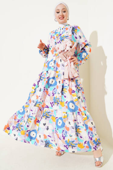 Karışık Desen Yarım Düğmeli Viskon Elbise Lila - Elbise