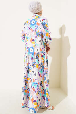 Karışık Desen Yarım Düğmeli Viskon Elbise Lila - Tesettür Elbise