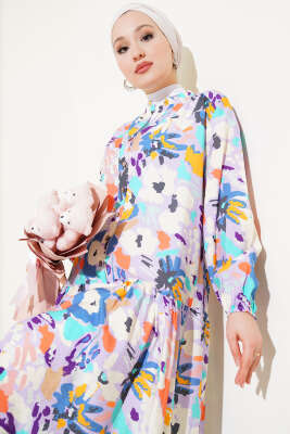 Karışık Desen Yarım Düğmeli Viskon Elbise Lila - Tesettür Elbise